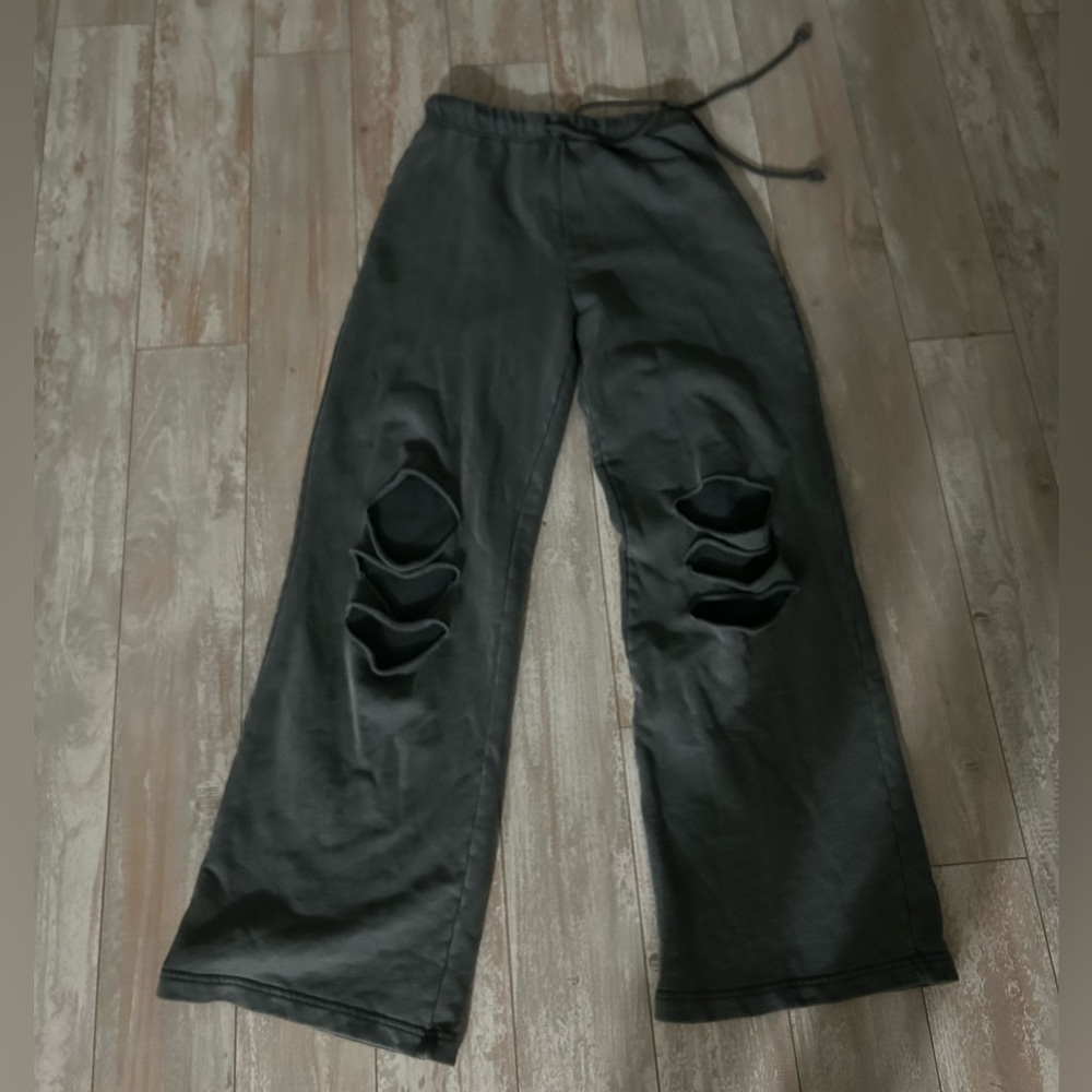 Zara Black Distressed Wide-Leg Track Pants
